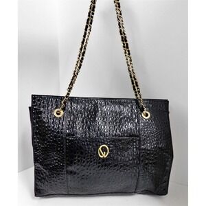 St John Black Embossed Croc Patent XL Chain Tote Bag
